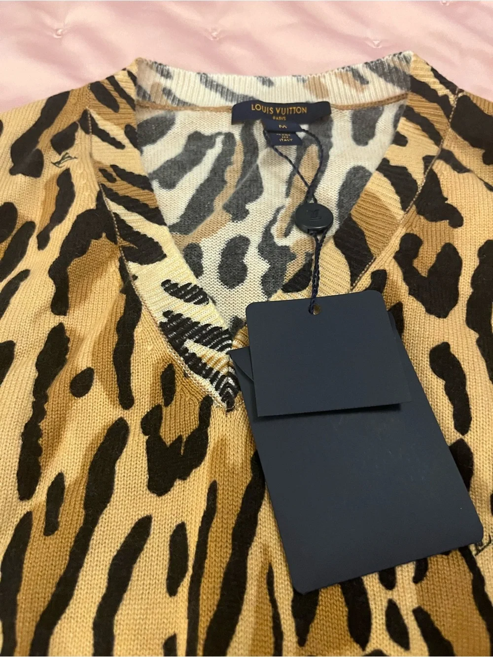 Louis Vuitton Tan and Black Animal Print V-Neck Sweater